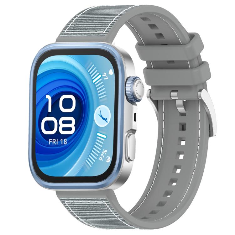 Gray hybrid nylon and silicone watch band with adjustable holes, shown on a square smartwatch.
