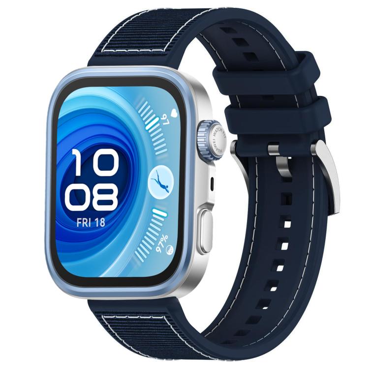 Midnight blue hybrid nylon and silicone watch band with adjustable holes, shown on a square smartwatch.