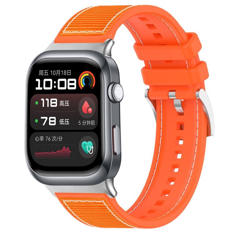 Bright orange hybrid nylon and silicone watch band fitted to a rounded rectangular smartwatch.