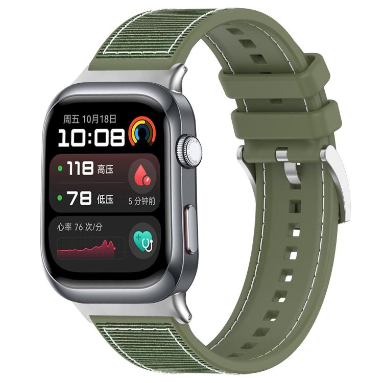 Olive green hybrid nylon and silicone watch band fitted to a rounded rectangular smartwatch.