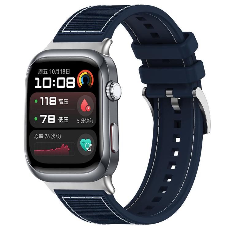 Midnight blue hybrid nylon and silicone watch band fitted to a rounded rectangular smartwatch.