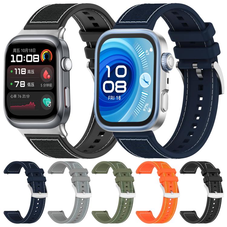 Hybrid nylon and silicone watch bands in five colors, shown on watches and separately.