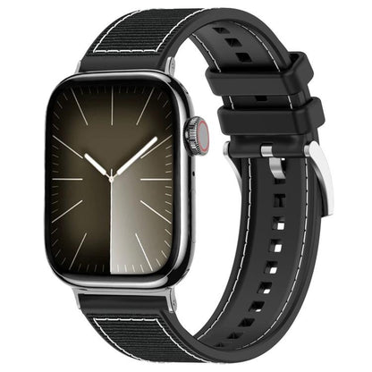 Black hybrid watch band with woven nylon panels and a perforated silicone strap, shown on a watch