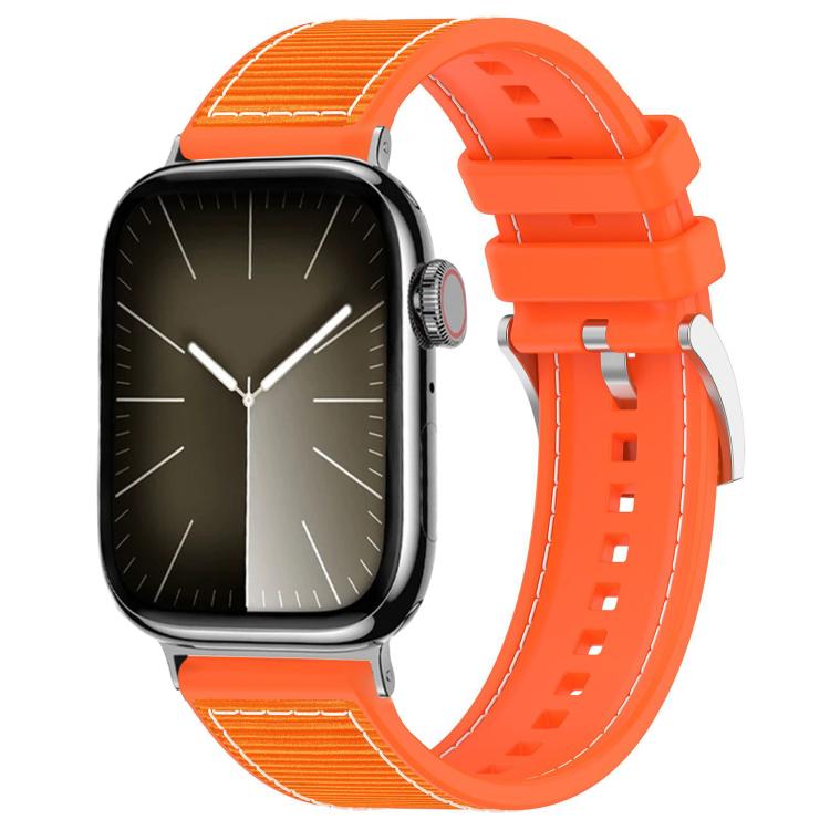 Orange hybrid watch band with woven nylon panels and a perforated silicone strap, shown on a watch