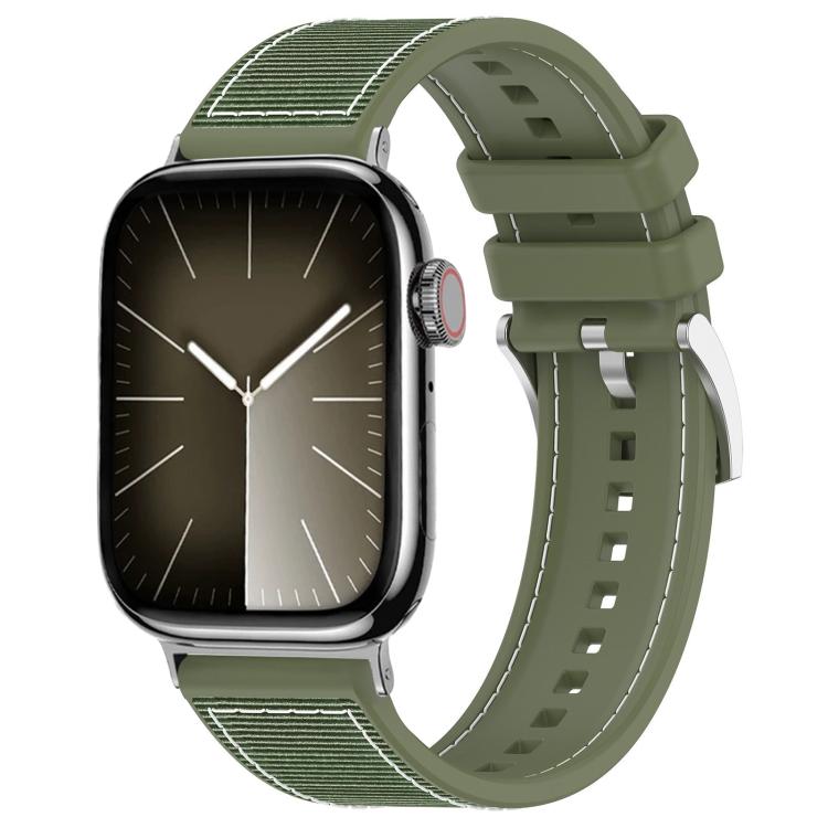 Green hybrid watch band with woven nylon panels and a perforated silicone strap, shown on a watch