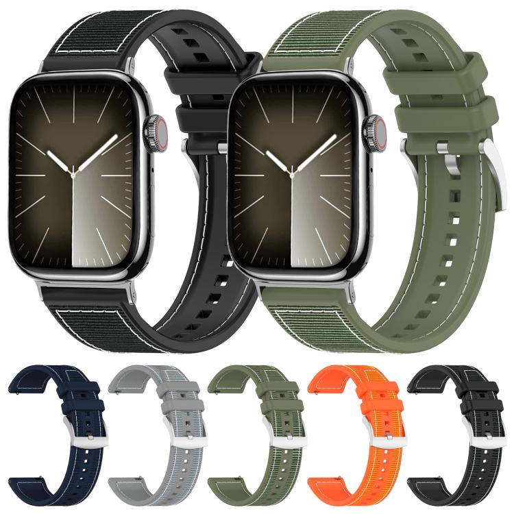 Hybrid nylon-braid silicone watch bands in black, green, navy, gray, and orange, shown on watches