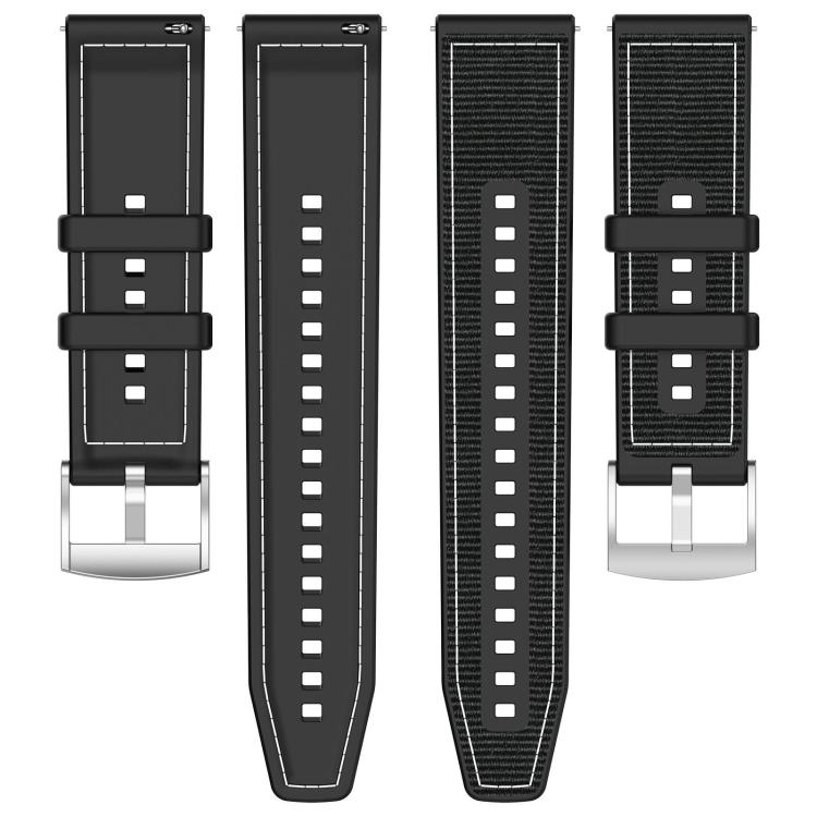 Black hybrid nylon-braid silicone watch band with adjustable holes, loops, and metal buckle