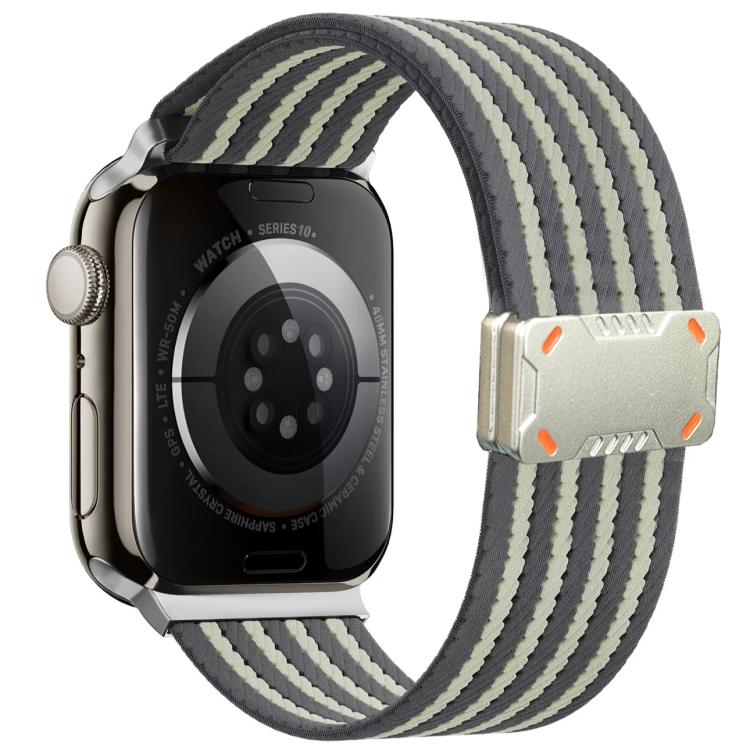 Gray and light gray striped nylon Apple Watch band with a silver magnetic buckle.