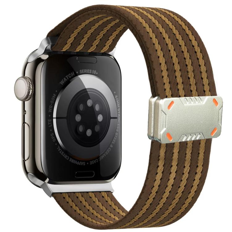 Brown and tan striped nylon Apple Watch band with a silver magnetic buckle.