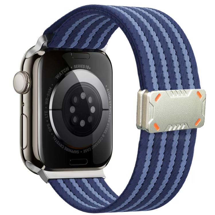 Blue striped nylon watch band with a rectangular magnetic buckle.