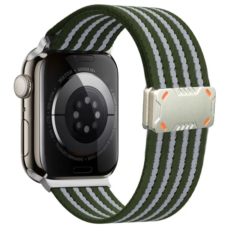 Green and light gray striped nylon watch band with a rectangular magnetic buckle.