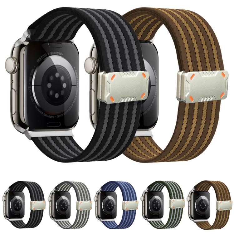 Nylon watch bands with magnetic buckles in black, brown, gray, blue, and green