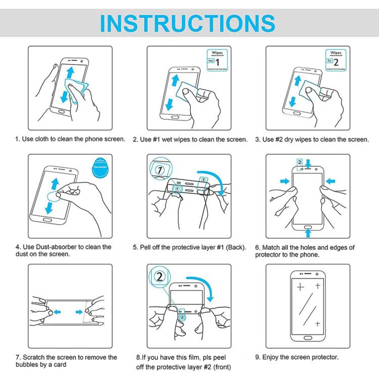 Tempered glass screen protector installation guide with wet and dry wipes