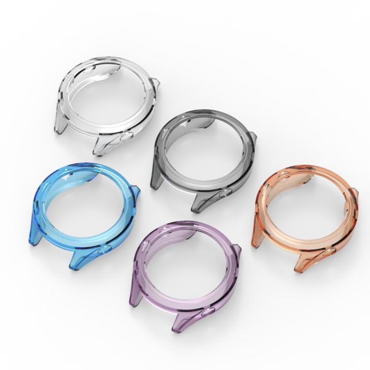 Five transparent TPU watch case covers in clear, gray, blue, purple, and orange