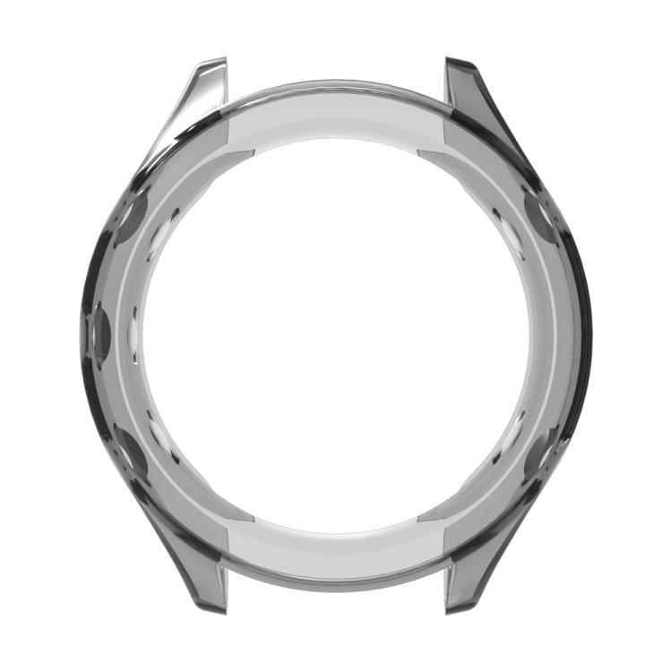 Smoke-gray TPU watch case cover shown from the inside, with open center and cutouts
