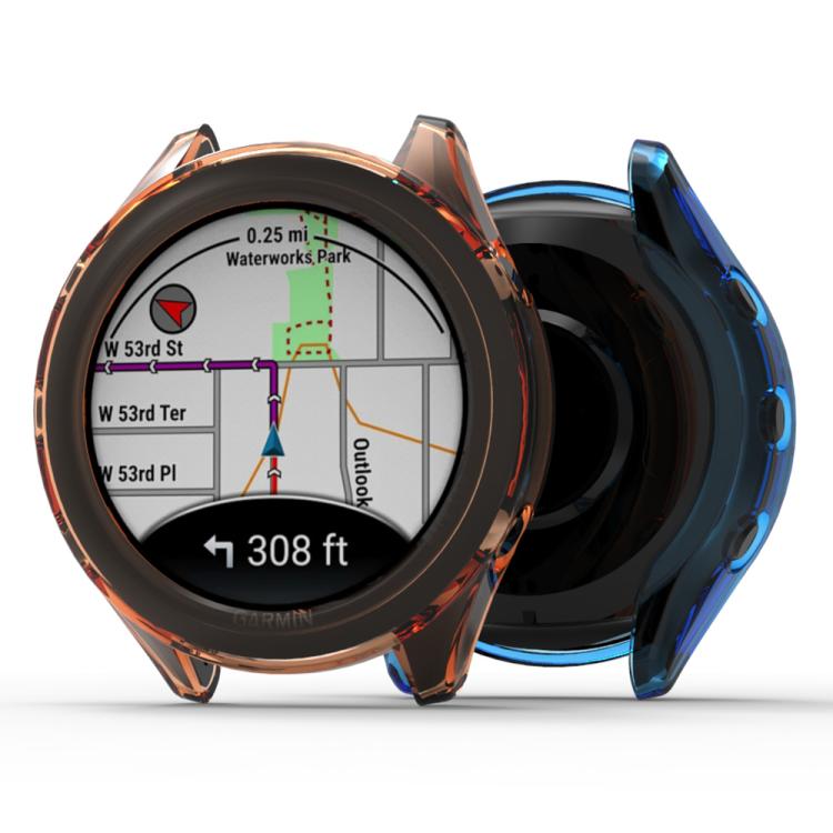Garmin Forerunner 970 watches fitted with transparent orange and blue protective case covers