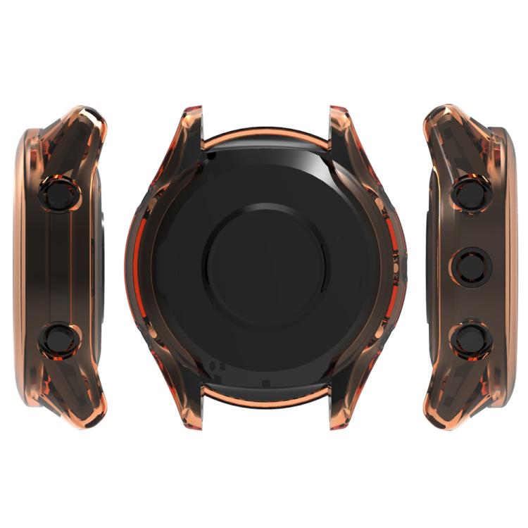 Garmin Forerunner 970 with transparent orange protective cover, shown from back and sides