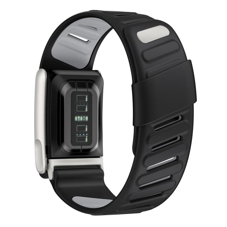 Black and light gray silicone sports watch band fitted around a fitness tracker