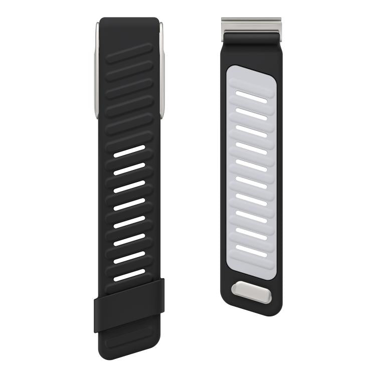 Two-piece black silicone sports watch band with light gray inner panels and adjustment slots