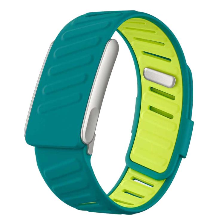 Teal silicone sports watch band with lime yellow inner panels