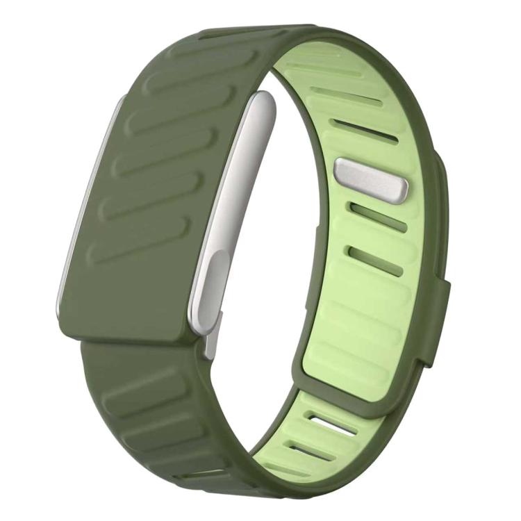 Silicone sports watch band with dark green outer strap and lime green inner surface