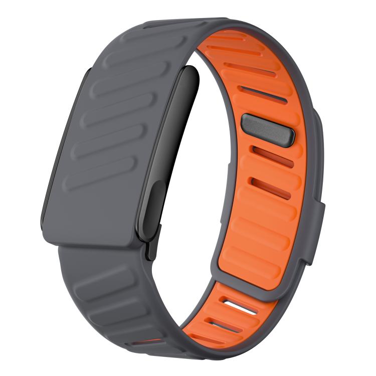 Two-tone silicone sports watch band with dark gray outer strap and orange inner surface