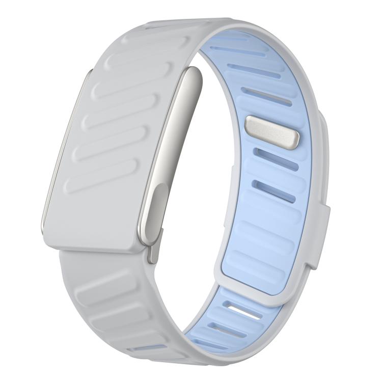 White silicone sports watch band with pale blue inner surface and ridged strap