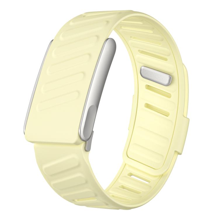 Pale yellow silicone sports watch band with ridged strap and adjustable slots