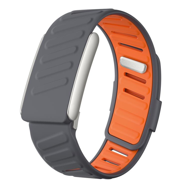 WHOOP 5.0 silicone sports band with dark gray exterior and orange interior