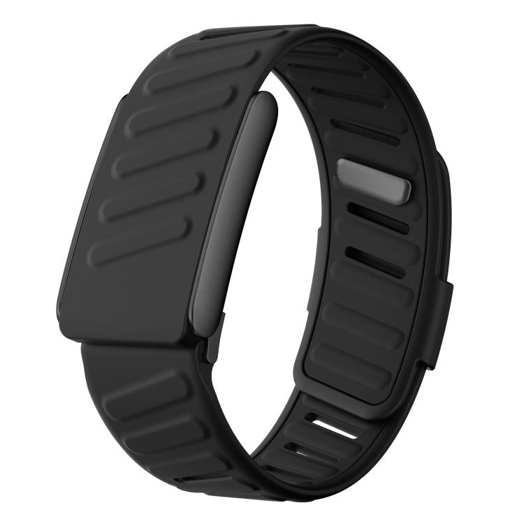 Black WHOOP 5.0 silicone watch band with ridged, adjustable strap