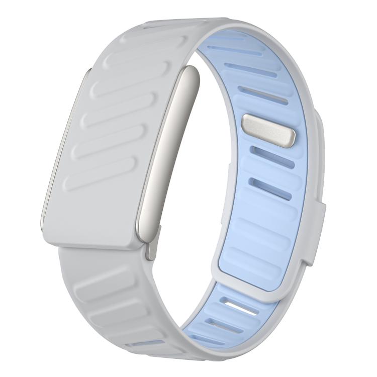 WHOOP 5.0 silicone watch band with a white outer strap and pale blue inner strap