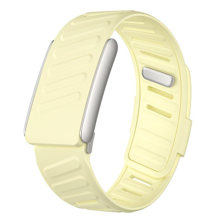 Pale yellow WHOOP 5.0 silicone watch band with a ridged adjustable strap