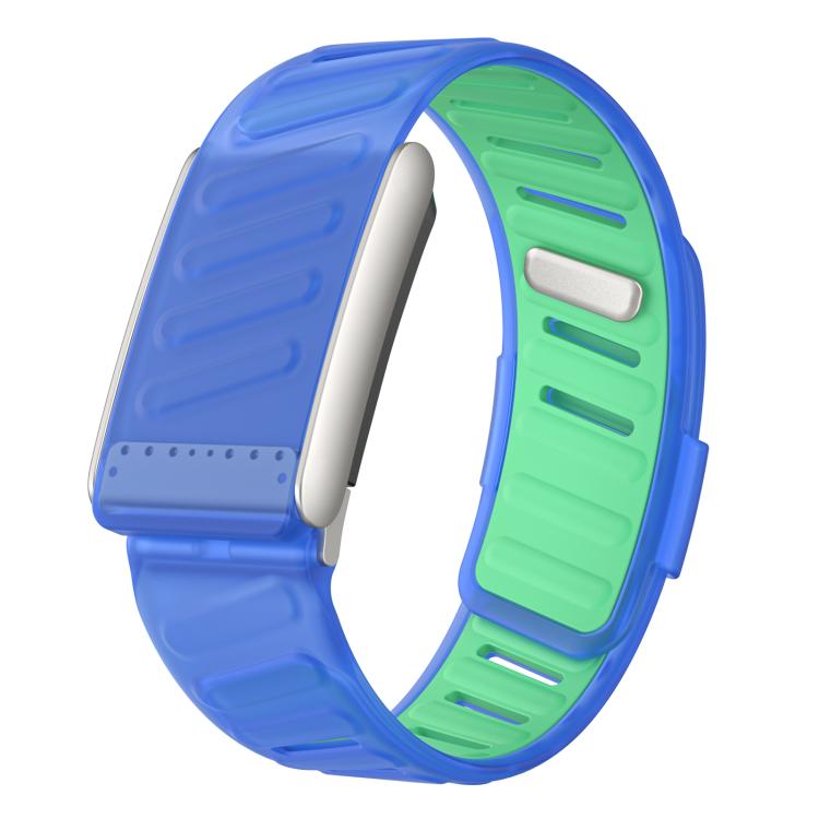 Silicone watch band in blue and green, with an adjustable perforated strap.