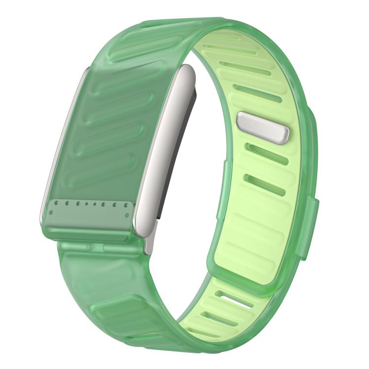 Silicone watch band in green and lime, with an adjustable perforated strap.