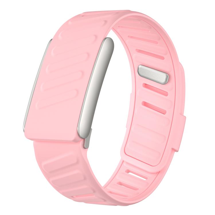 Pink silicone watch band with an adjustable perforated strap.