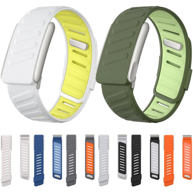 Silicone watch bands in white and yellow and dark green and light green, with color swatches.