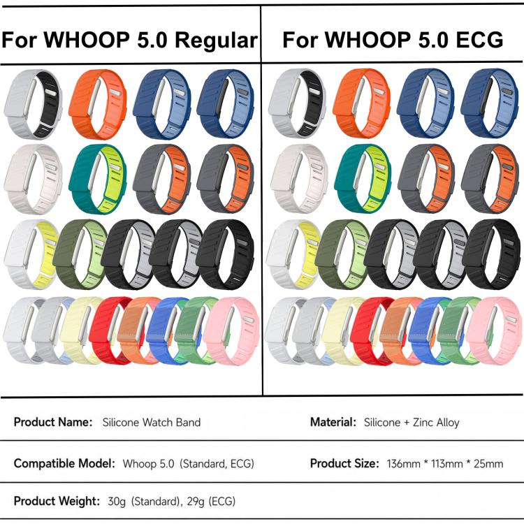 Silicone watch band color options for WHOOP 5.0 Regular and ECG models.
