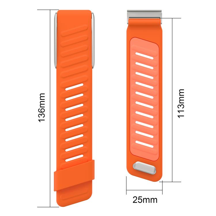 Orange silicone watch band shown with 136 mm and 113 mm strap lengths and 25 mm width.