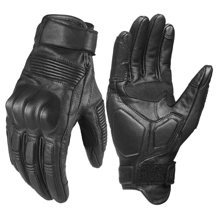 Retro motorcycle leather touch screen full-finger gloves, smooth black style
