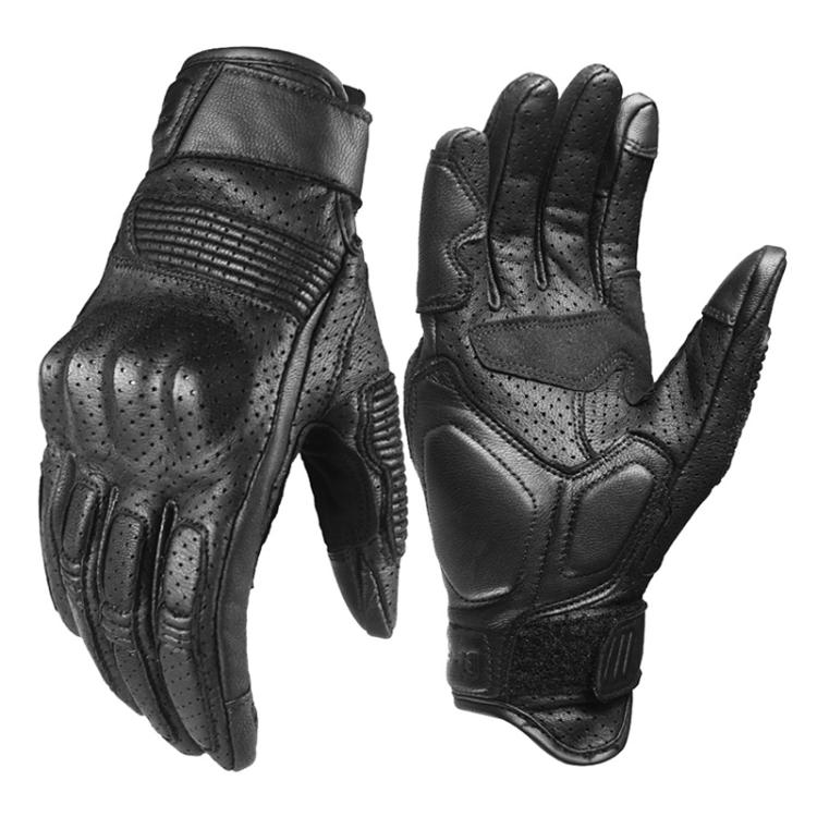 Perforated black full-finger leather motorcycle gloves, stitched palm protection