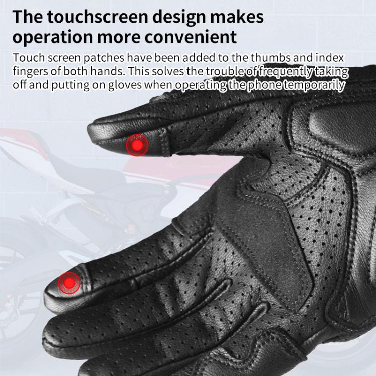 Black full-finger leather motorcycle gloves with touch screen thumb and index panels