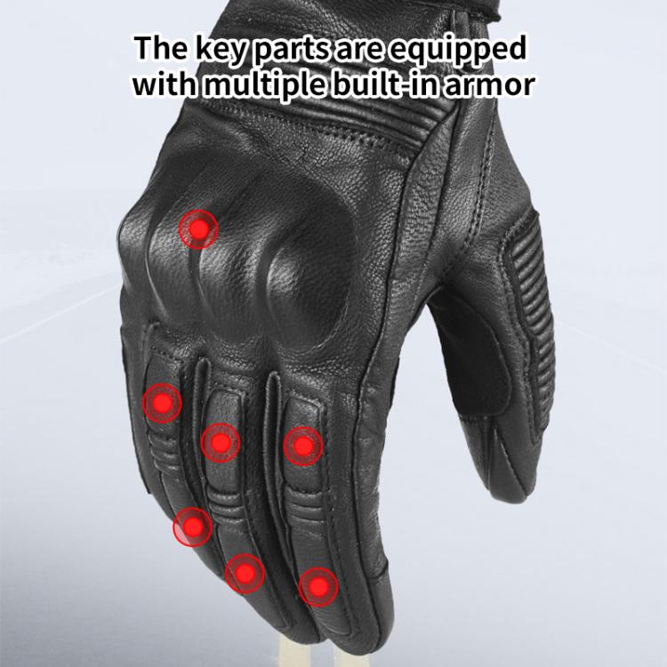 Black leather motorcycle gloves with armored backhand and stitched protective panels