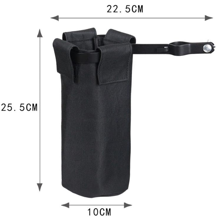 Black drumstick bag barrel shape with size dimensions and clip-style handle