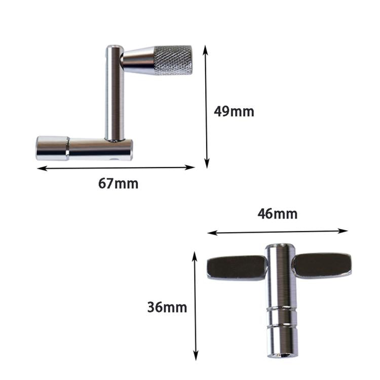 Universal drum tuning key with T-handle square socket; visible size dimensions