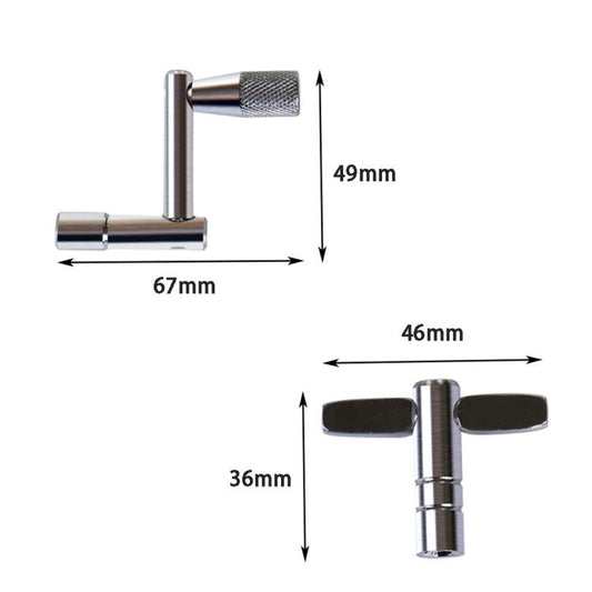 Universal drum tuning key with T-handle square socket; visible size dimensions