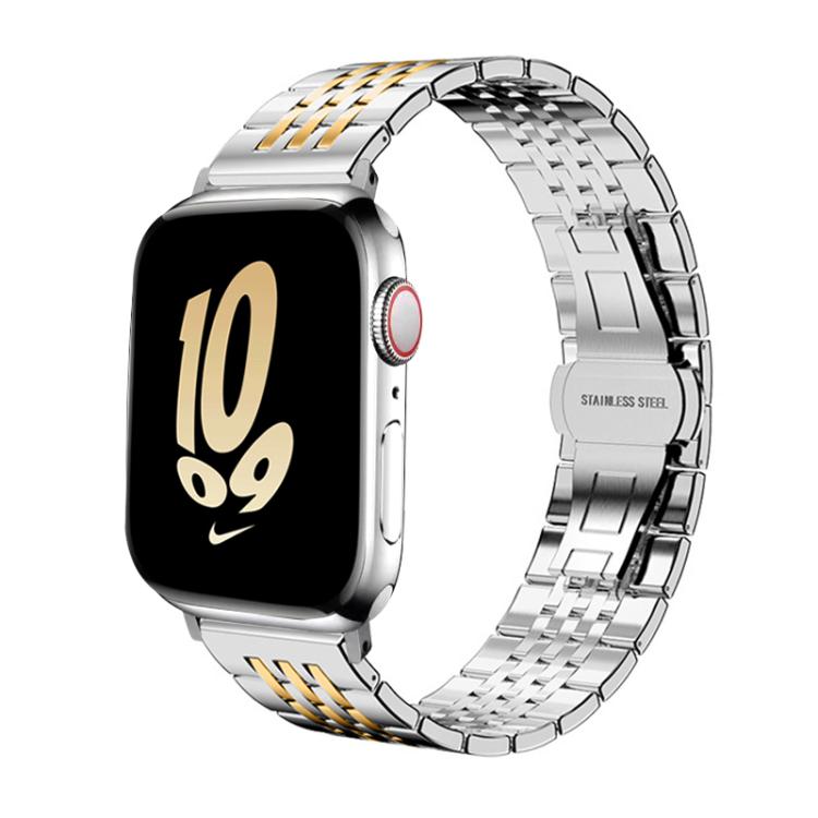 Silver and gold stainless steel seven-bead Apple Watch band shown attached to a watch