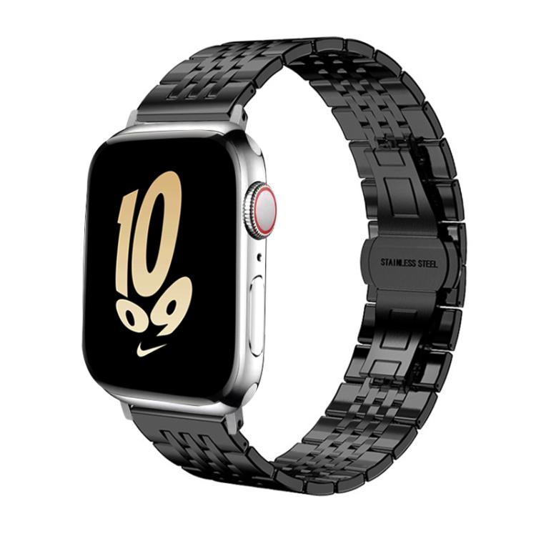 Black stainless steel seven-bead Apple Watch band shown attached to a watch