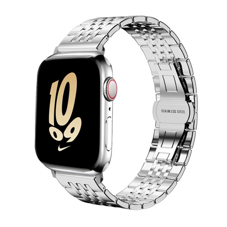 Silver seven-bead stainless steel watch band fitted to a smartwatch.