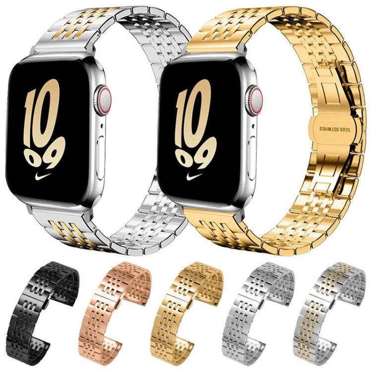 Seven-bead stainless steel watch bands shown in silver, gold, black, rose gold, and two-tone finishes.