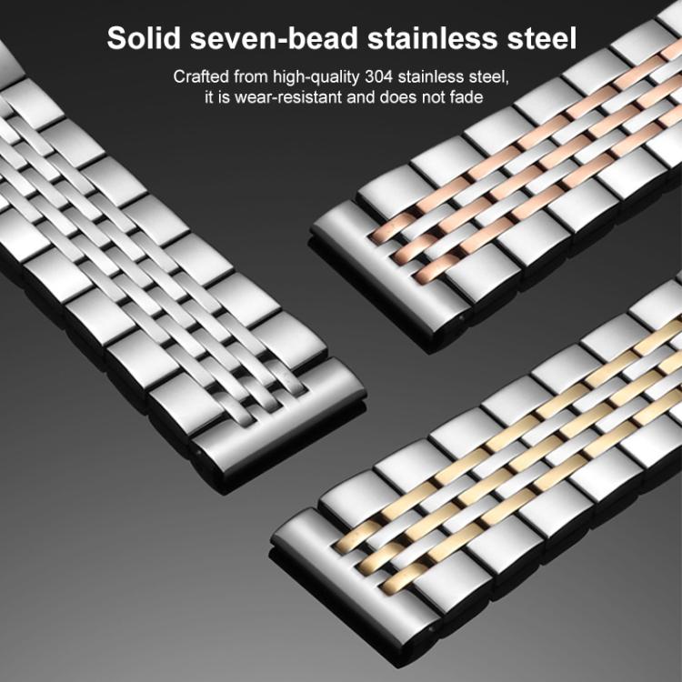 Close-up of seven-bead stainless steel watch bands in silver, rose gold, and gold-tone accents.